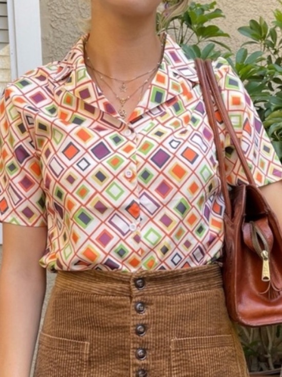 Vintage Tops - Vintage 70’s Multicolored Short Sleeve Geo Print Button-Up Blouse